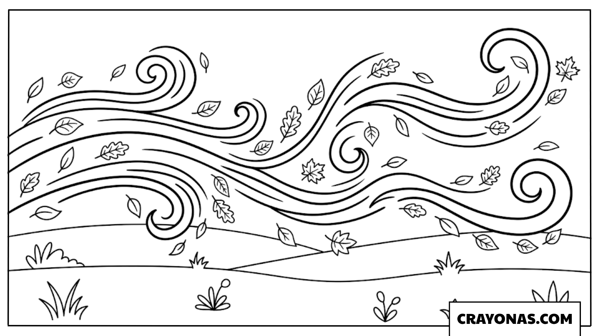 Windy Autumn Landscape with Swirling Leaves Coloring Page