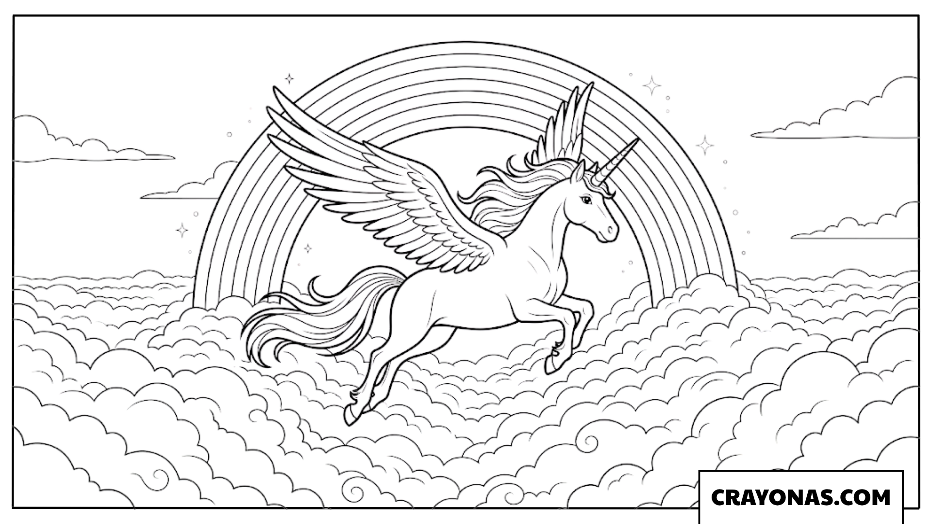 Winged Unicorn Flying Rainbow Coloring Page