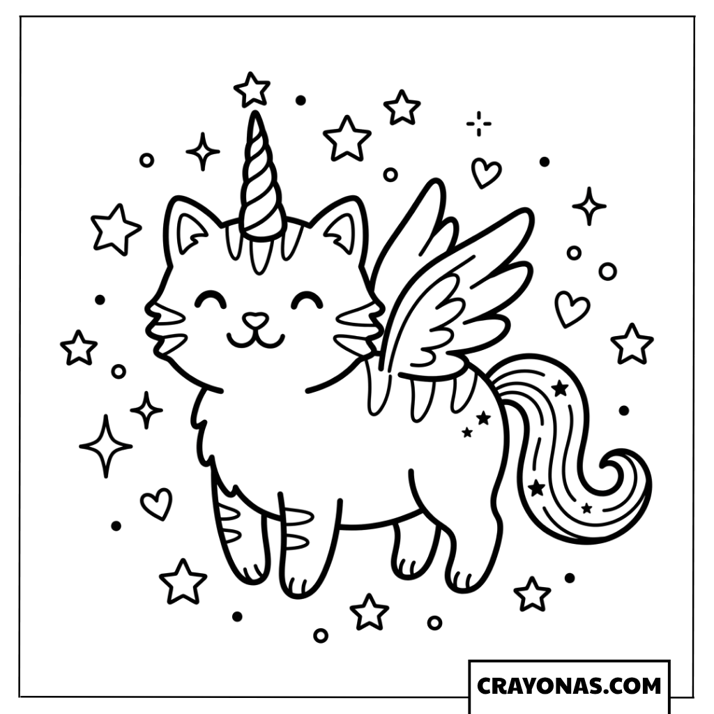 Magical winged unicorn kitten with stars coloring page