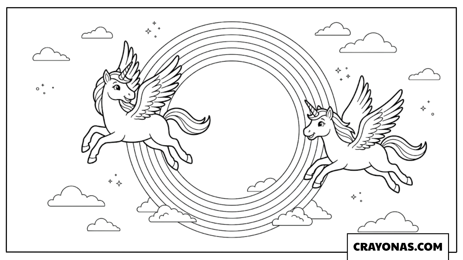 Winged Unicorns Flying Rainbow Coloring Page