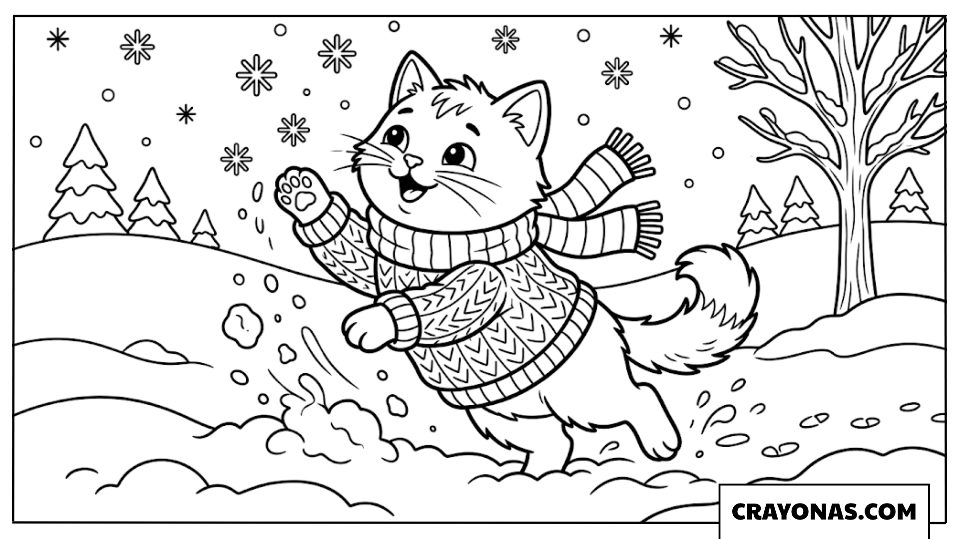 Winter Cat Playing in Snow Coloring Page