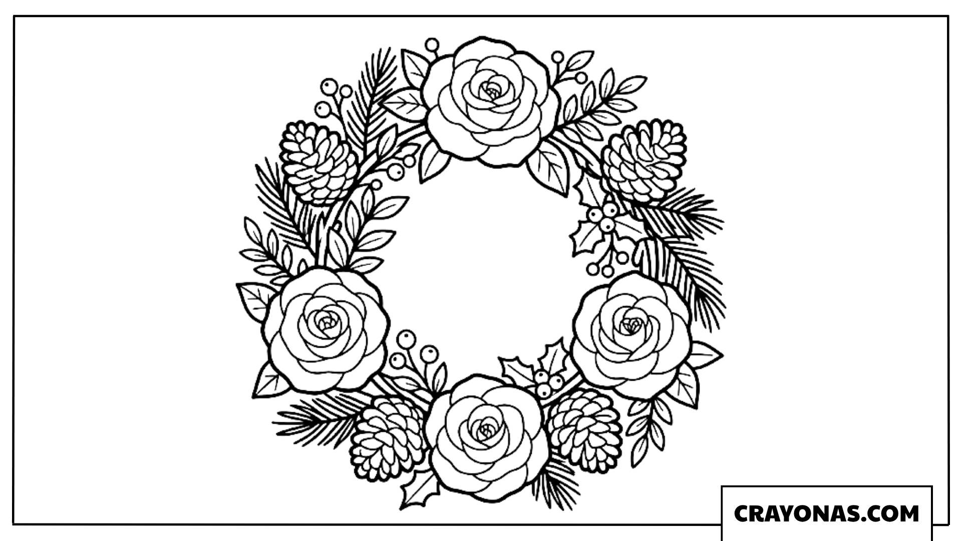 Winter Rose Pinecone Christmas Wreath Coloring Page