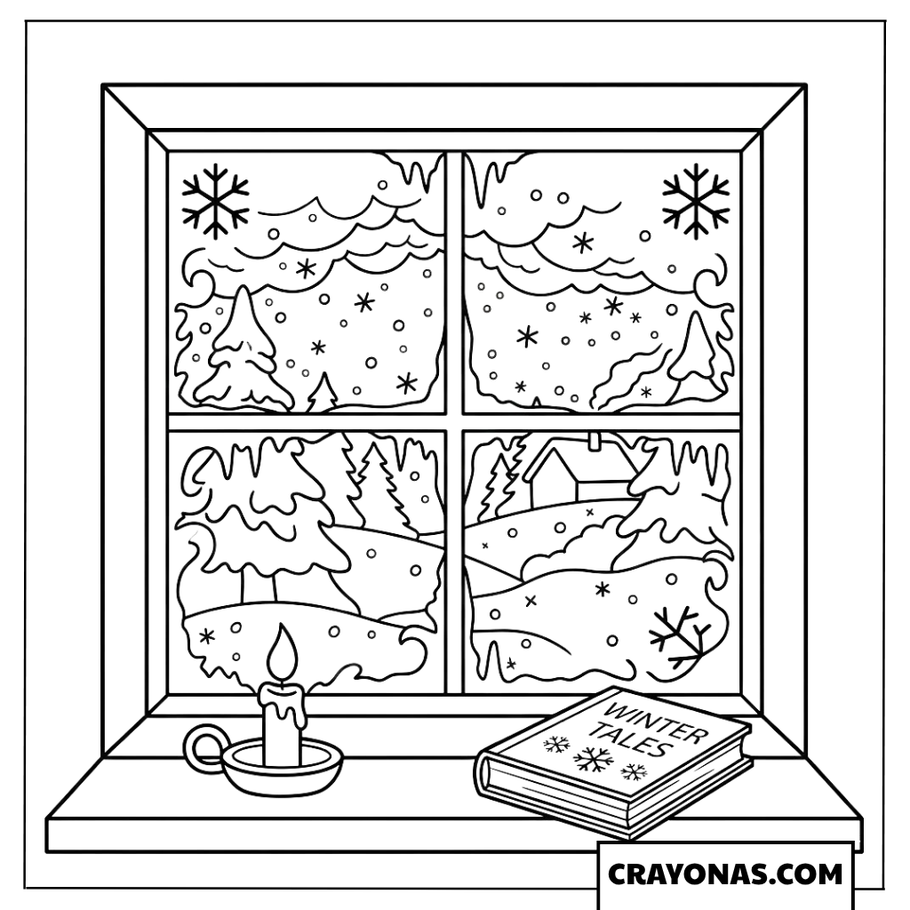 Winter Window View with Candle Coloring Page