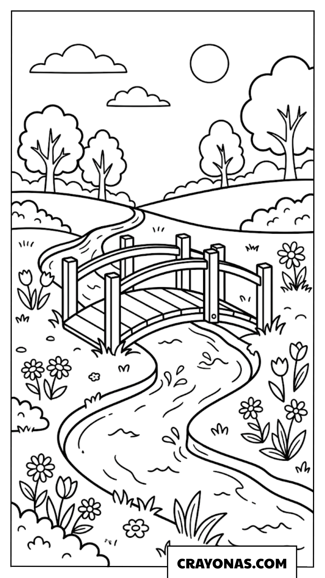Wooden Bridge Over Stream Coloring Page