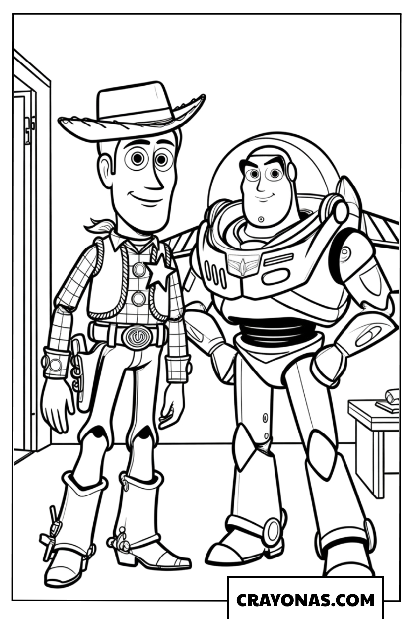 Woody and Buzz Lightyear Standing Together Coloring Page