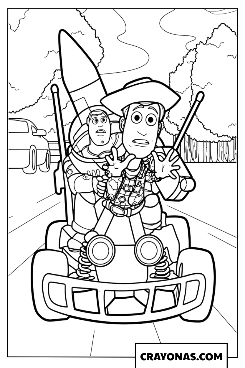 Woody and Buzz in RC Car Coloring Page