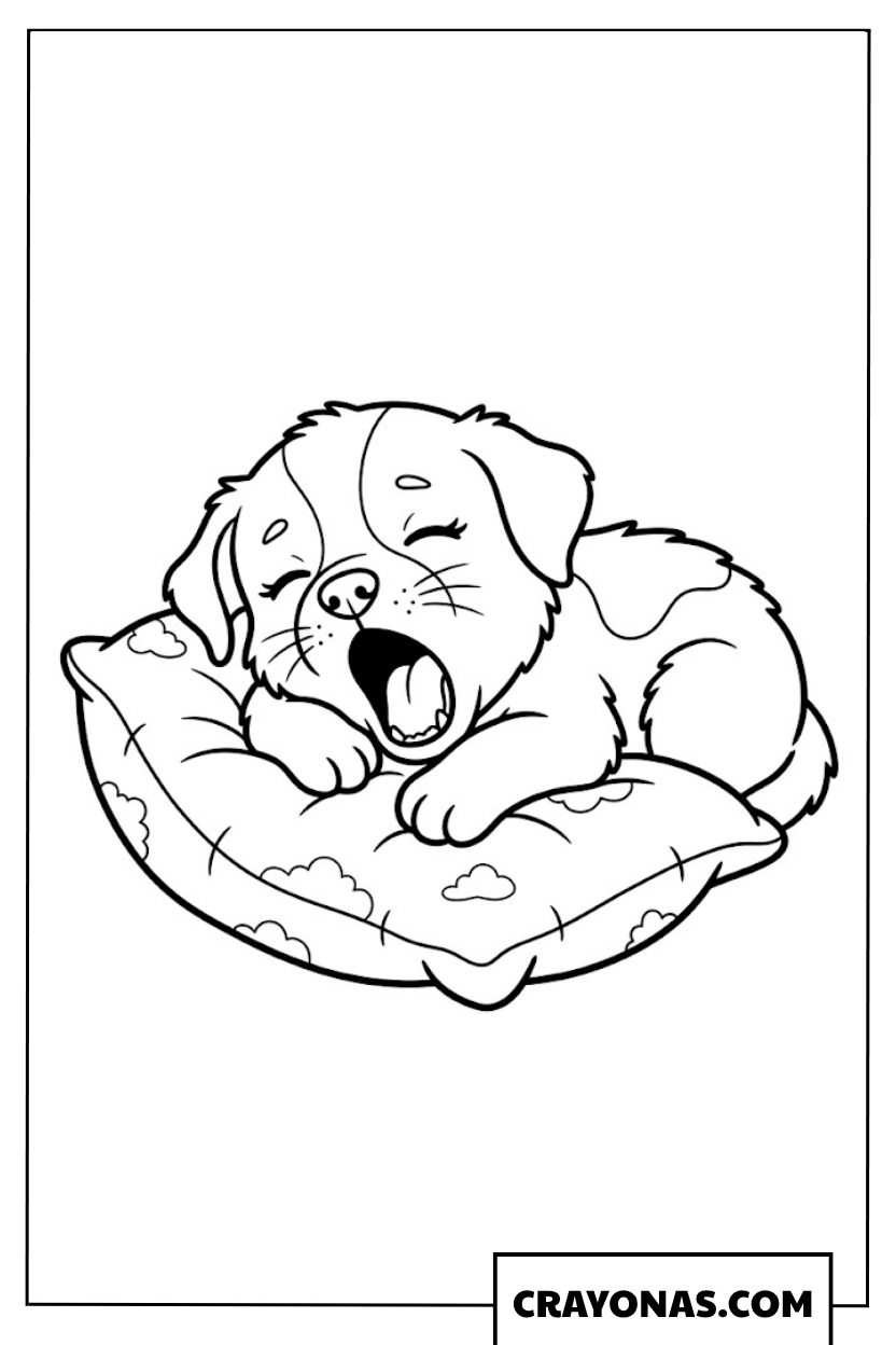 Yawning Puppy on Pillow Coloring Page