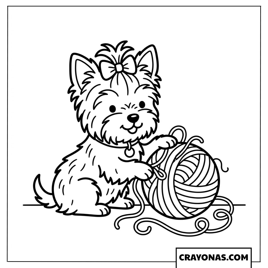 Yorkshire Terrier with Bow and Yarn Coloring Page