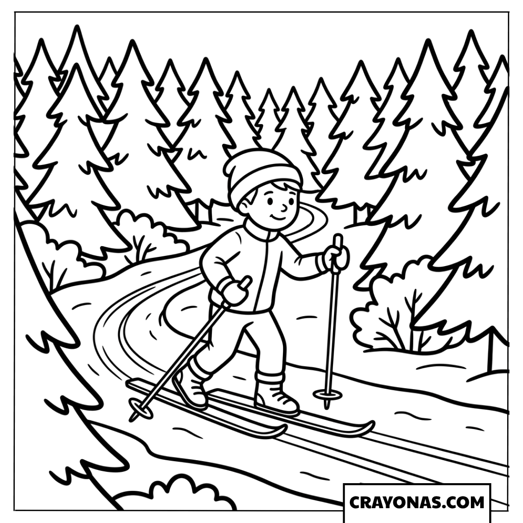 Young Skier on Winding Snowy Trail Coloring Page