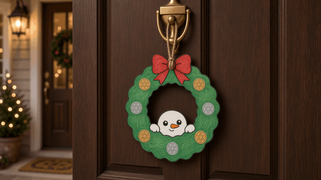 A hanging room decoration made from your child’s own colored Christmas wreath.