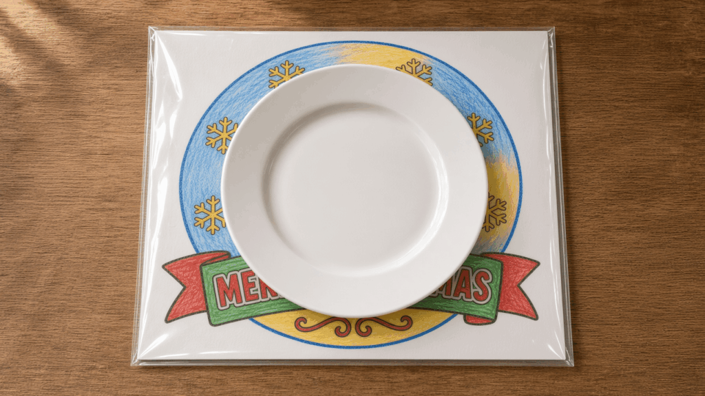 A lively laminated placemat made from your heartfelt Christmas wreath coloring artwork.