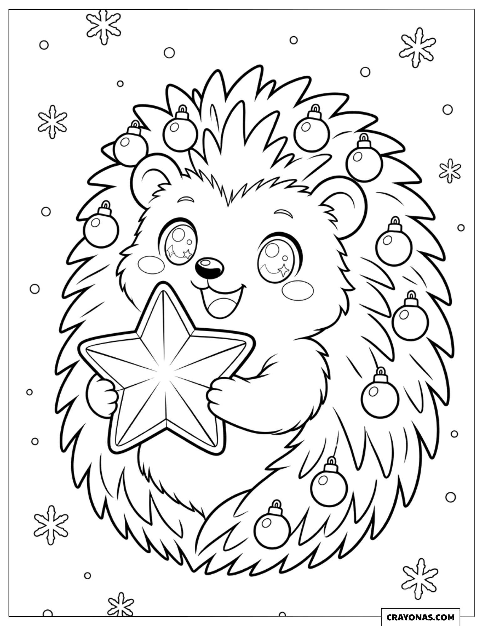 Adorable Hedgehog Holding a Star Christmas Coloring Page for Kids