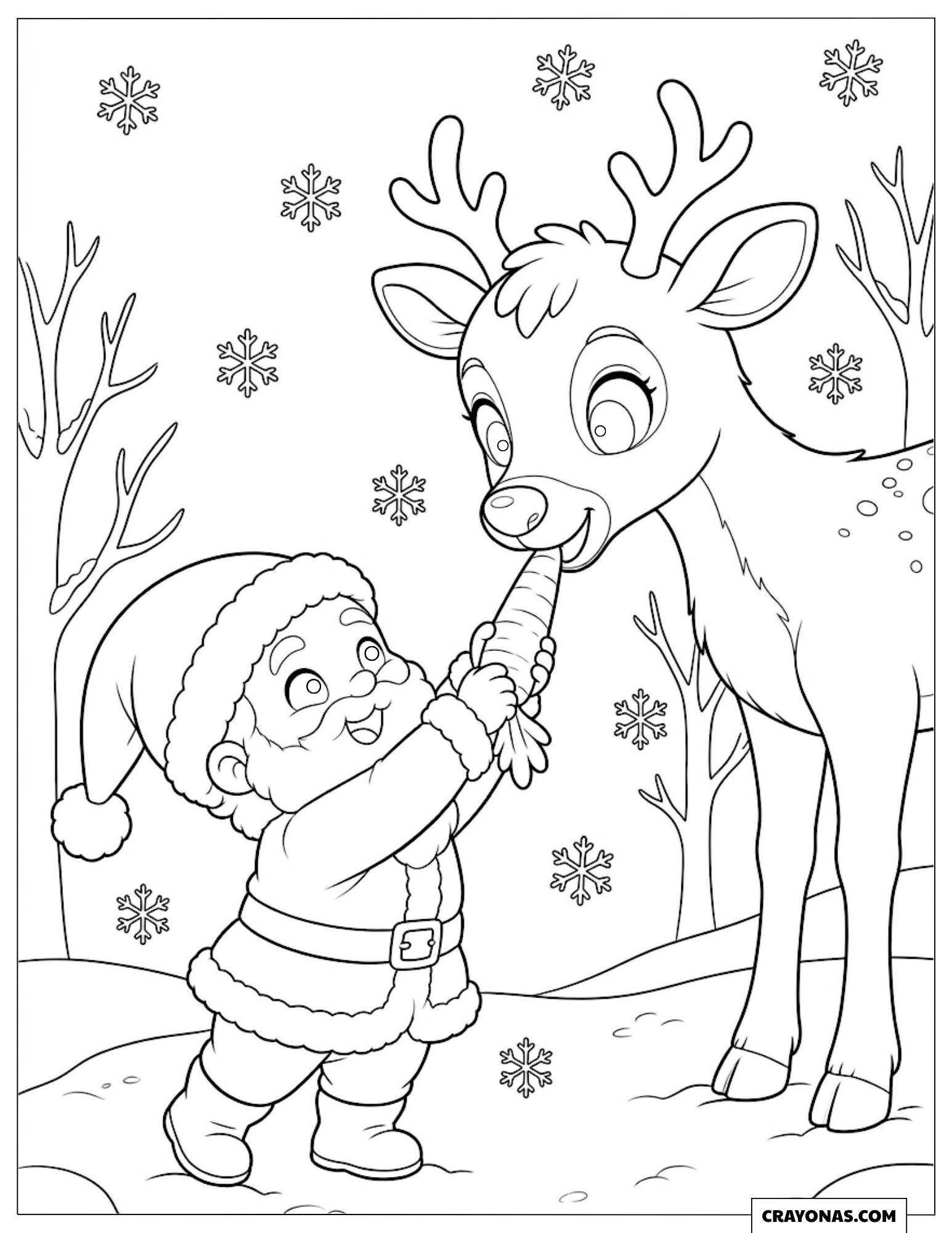 Baby Santa Feeding Reindeer Christmas Coloring Sheet for Preschoolers