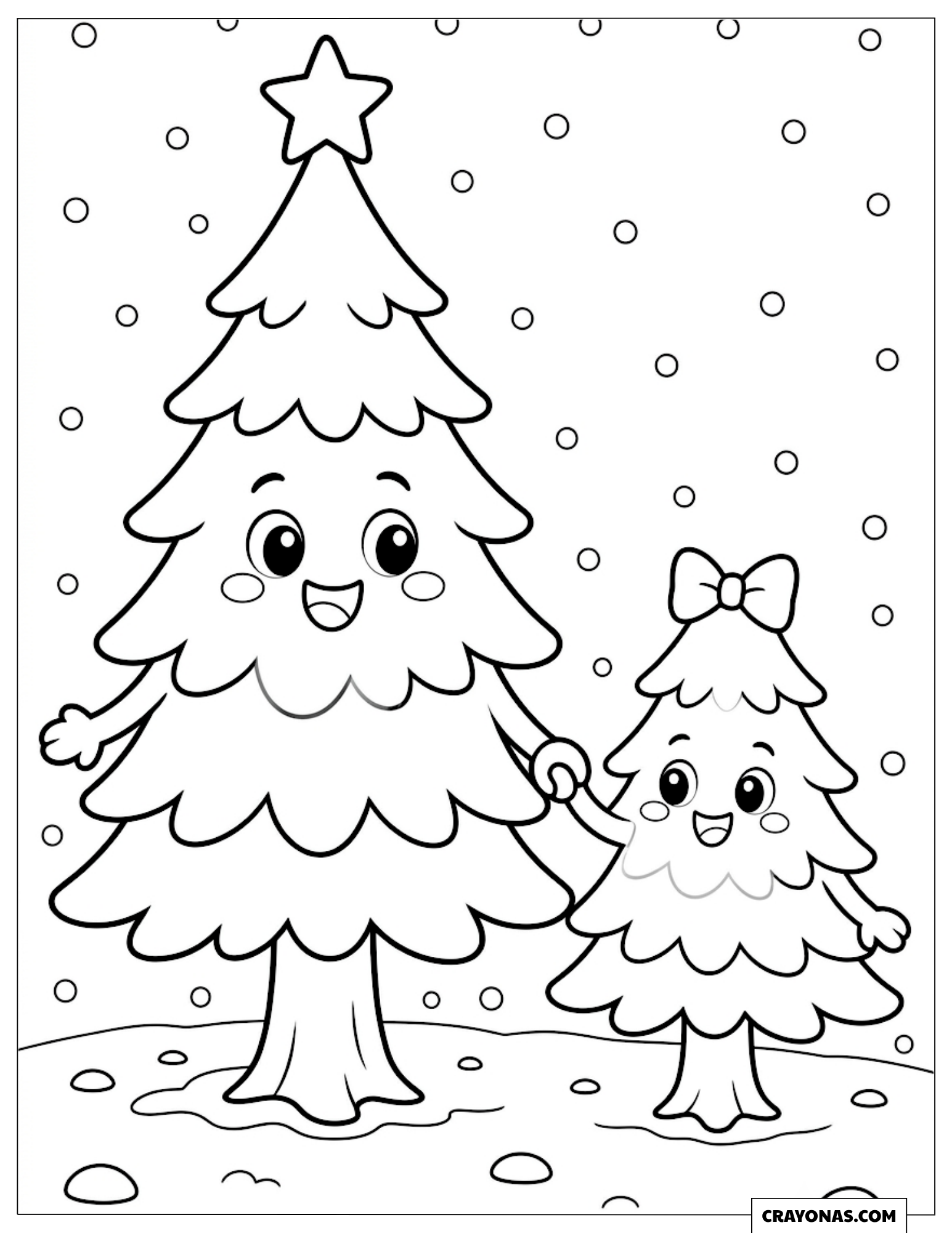 Big and mini Christmas trees holding hands coloring page