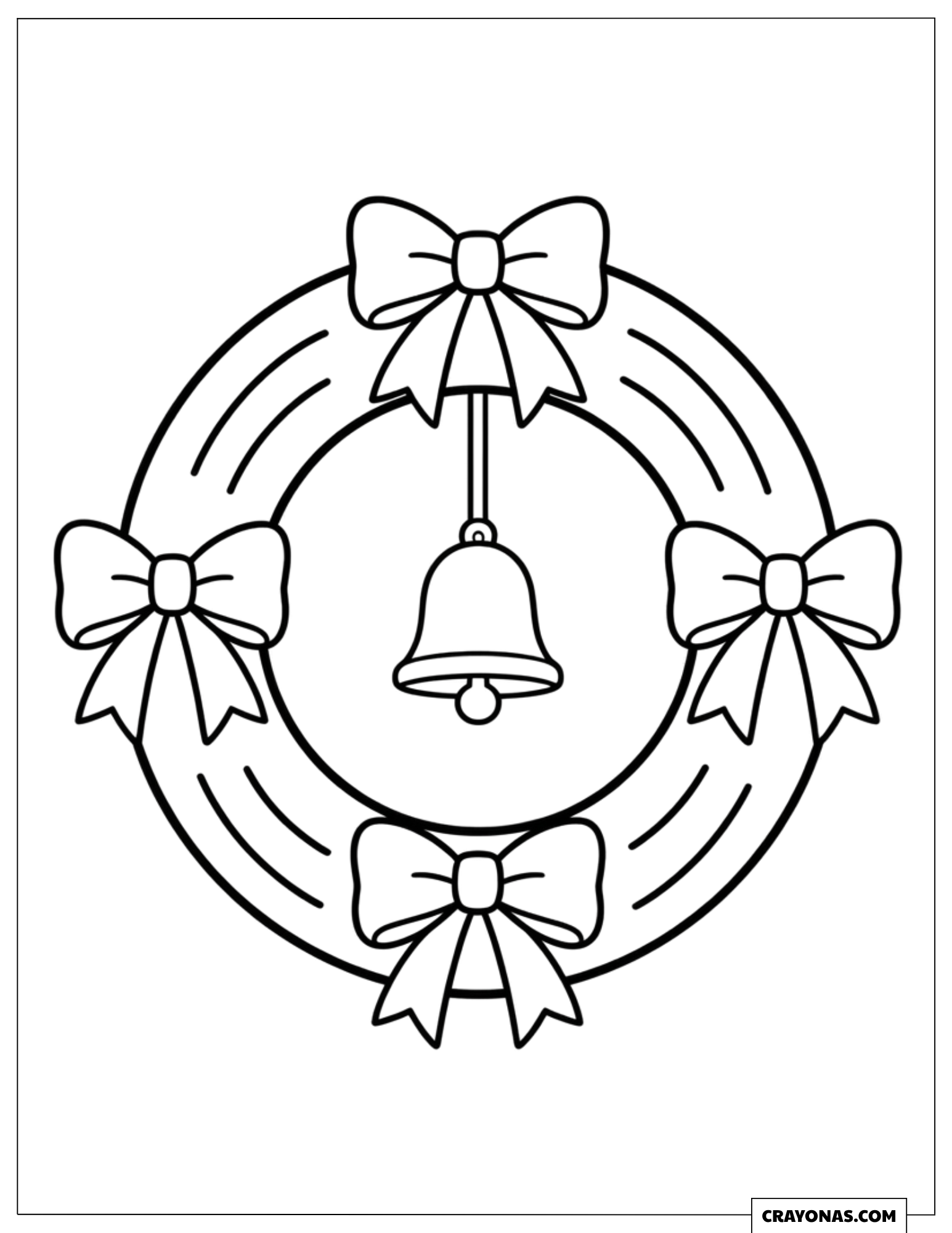 Bow Christmas Wreath Framing a Bell With Four Bows Coloring Sheet for Kids