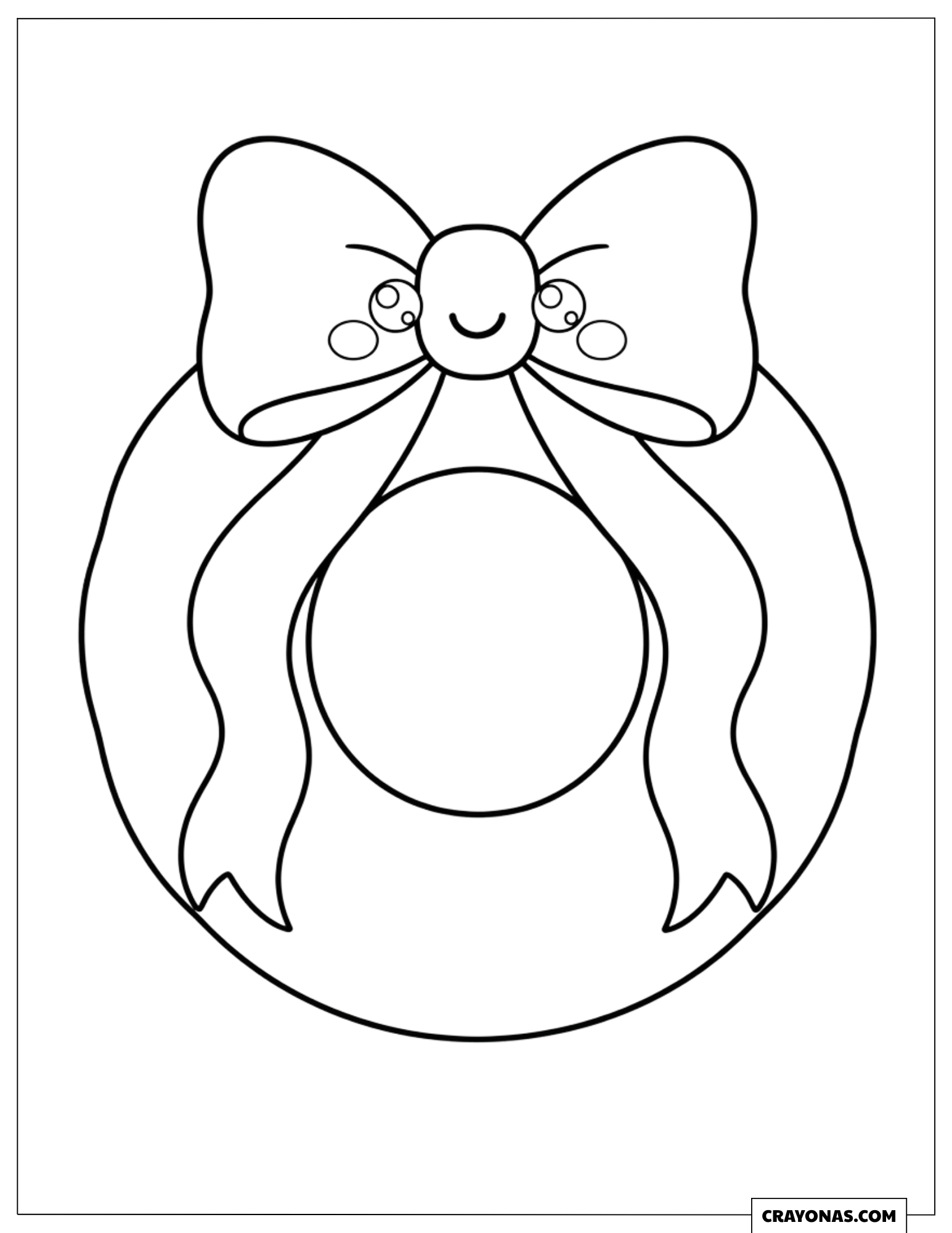 Bow Christmas Wreath Topped With a Smiling Bow Coloring Page for Kids