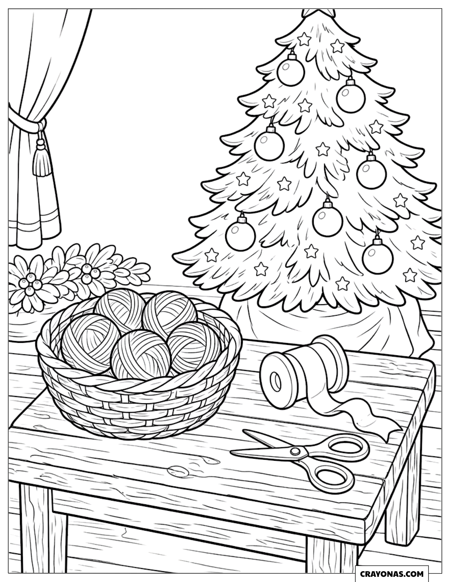 Christmas decorations on a wooden table coloring page for kids
