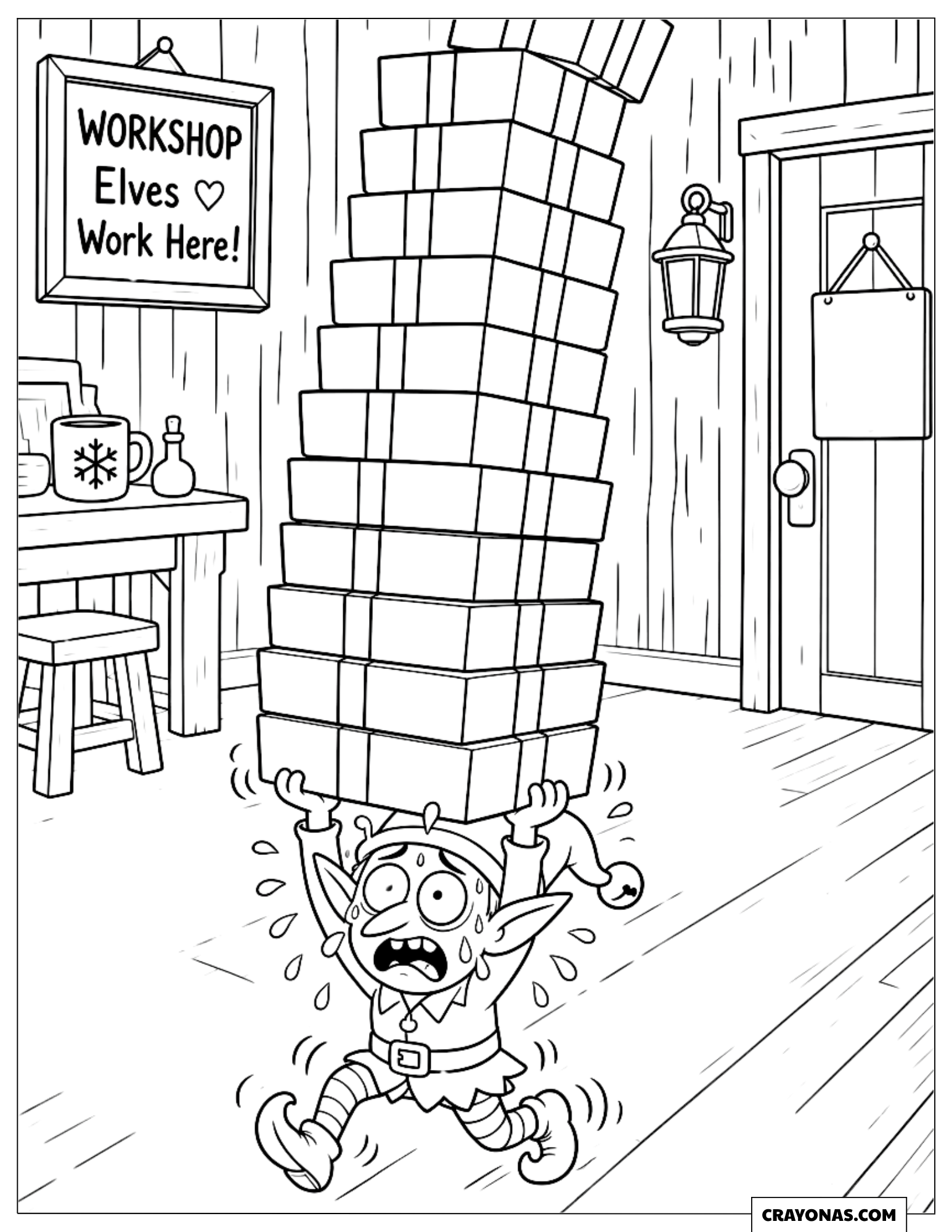 Christmas Elf Carrying a Huge Pile of Gifts Coloring Page