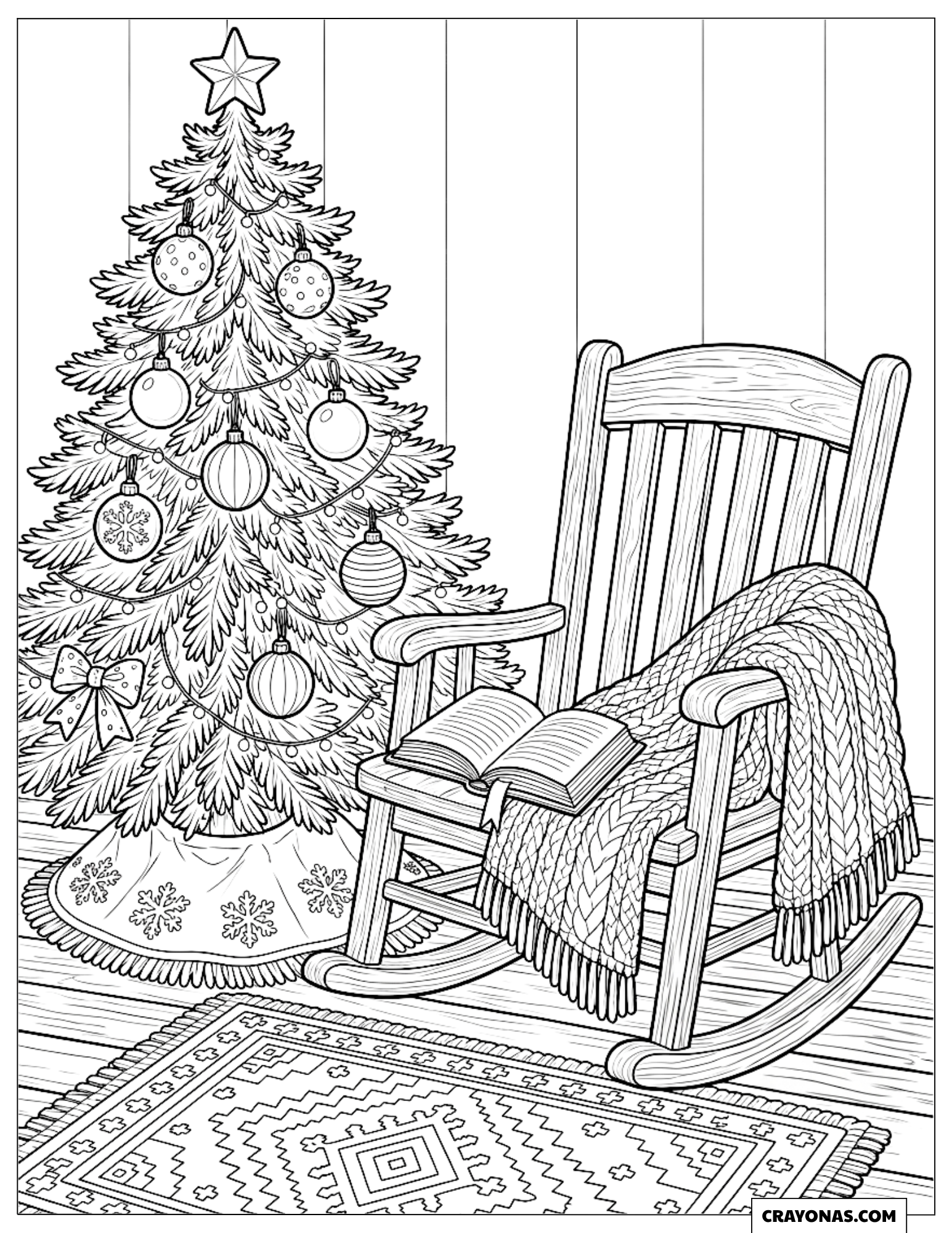 Christmas tree beside a rocking chair coloring page