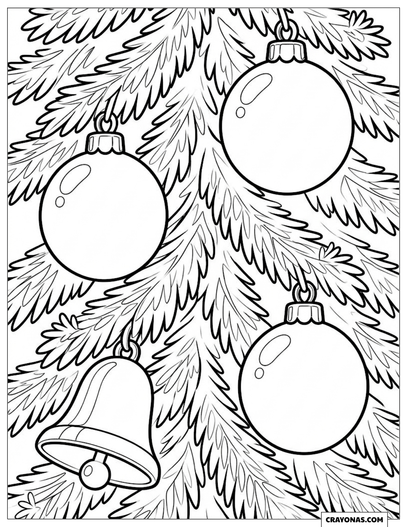 Christmas tree branch with big ornaments and a golden bell coloring sheet