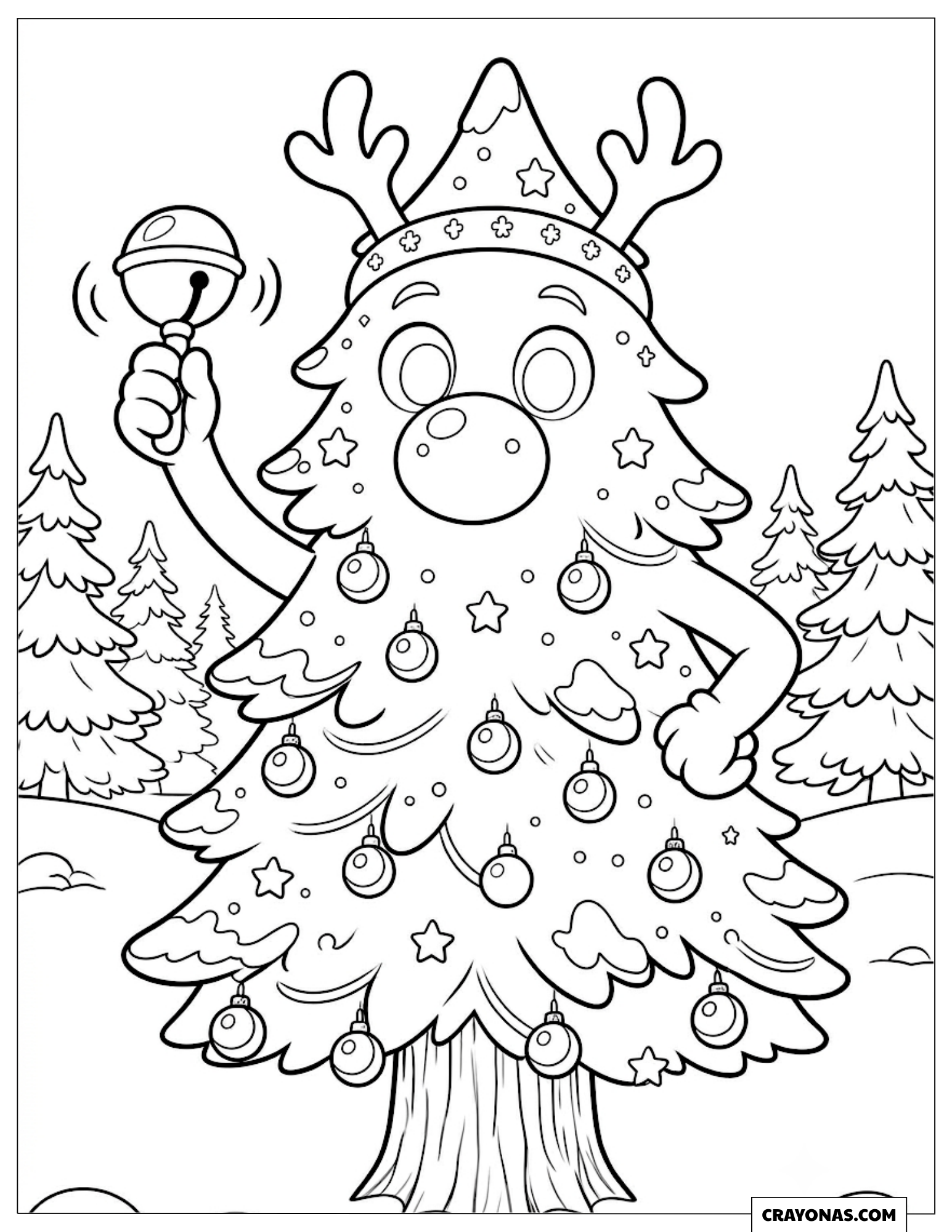 Christmas tree dressed up as a reindeer coloring page for kids