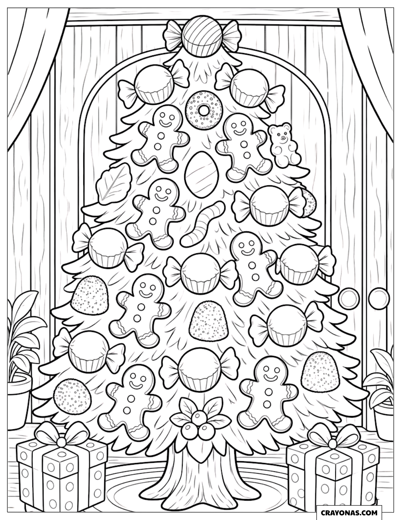 Christmas tree hung with sweet treats coloring sheet for kids