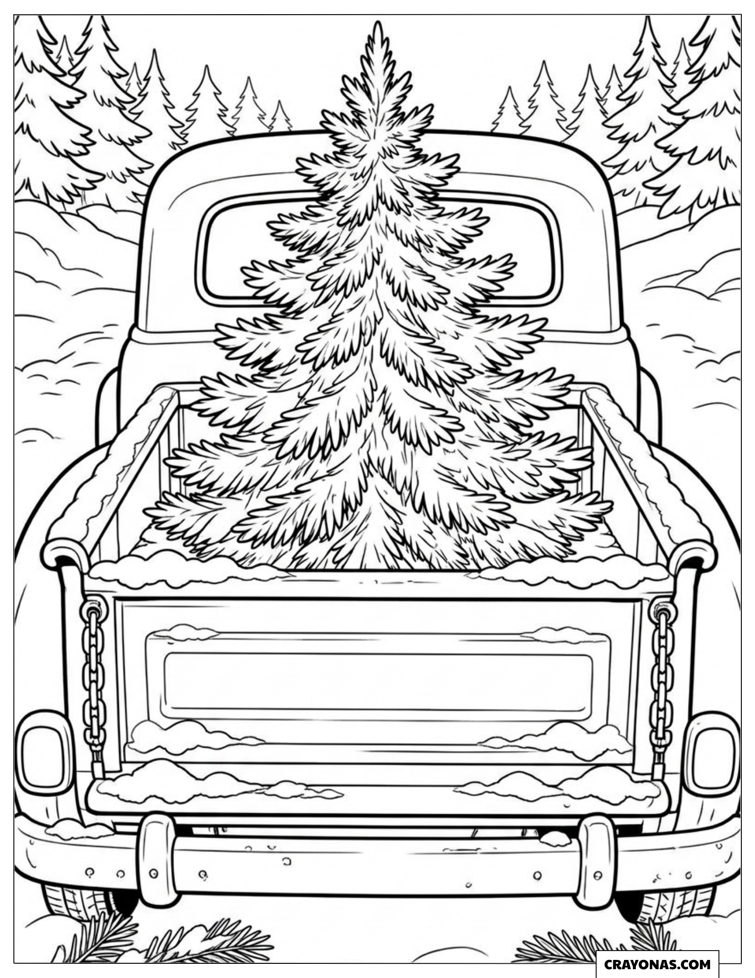 Christmas tree in the bed of a big pickup truck to color