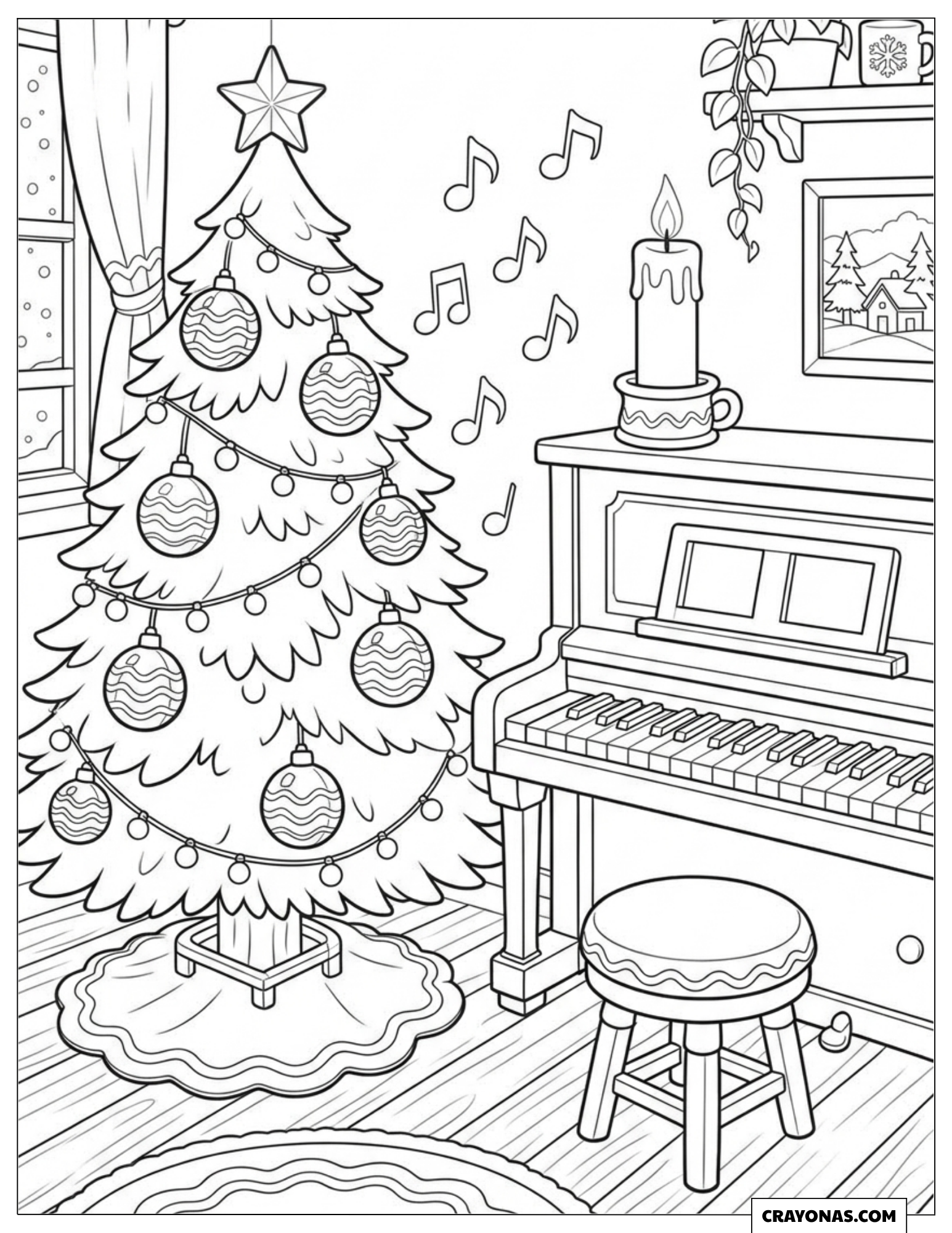 Christmas tree next to a piano coloring sheet for preschooler