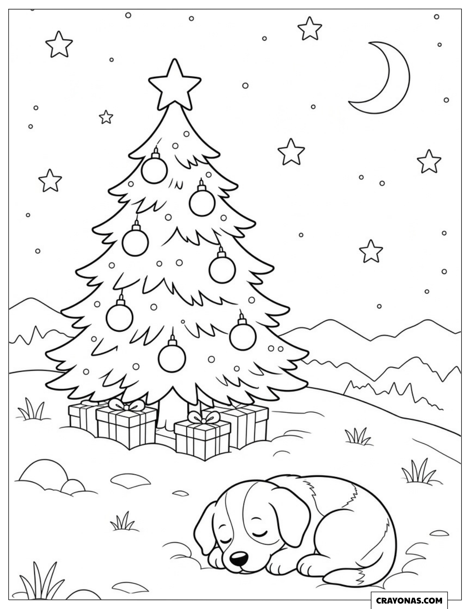 Christmas tree on a snowy hill coloring page for kids