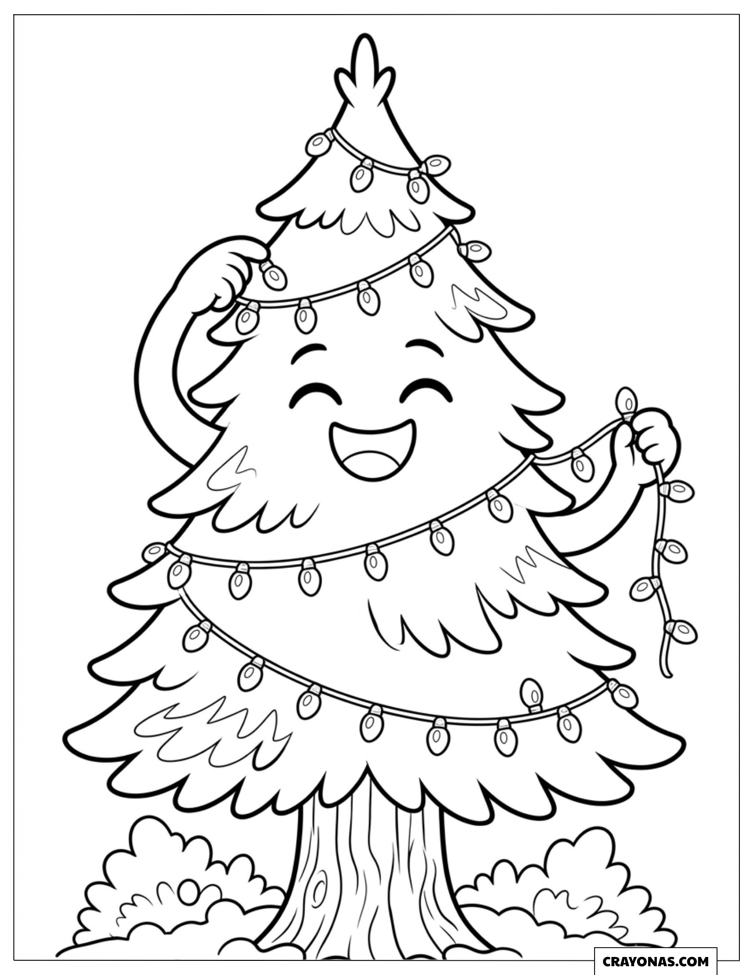 Christmas tree scratching its head with a string of lights coloring sheet for preschooler