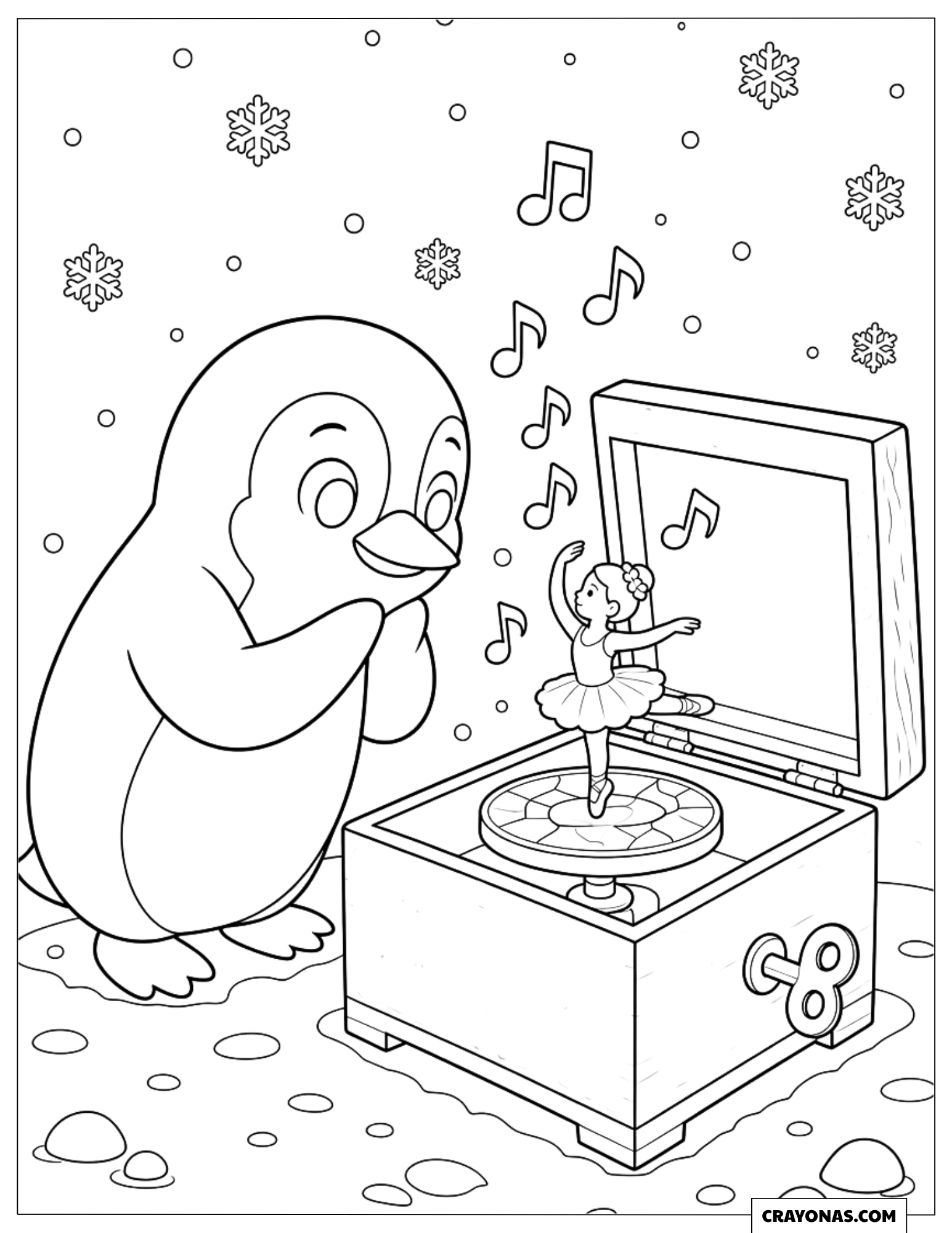 Curious Penguin Listening to a Music Box Christmas Coloring Page for Kids