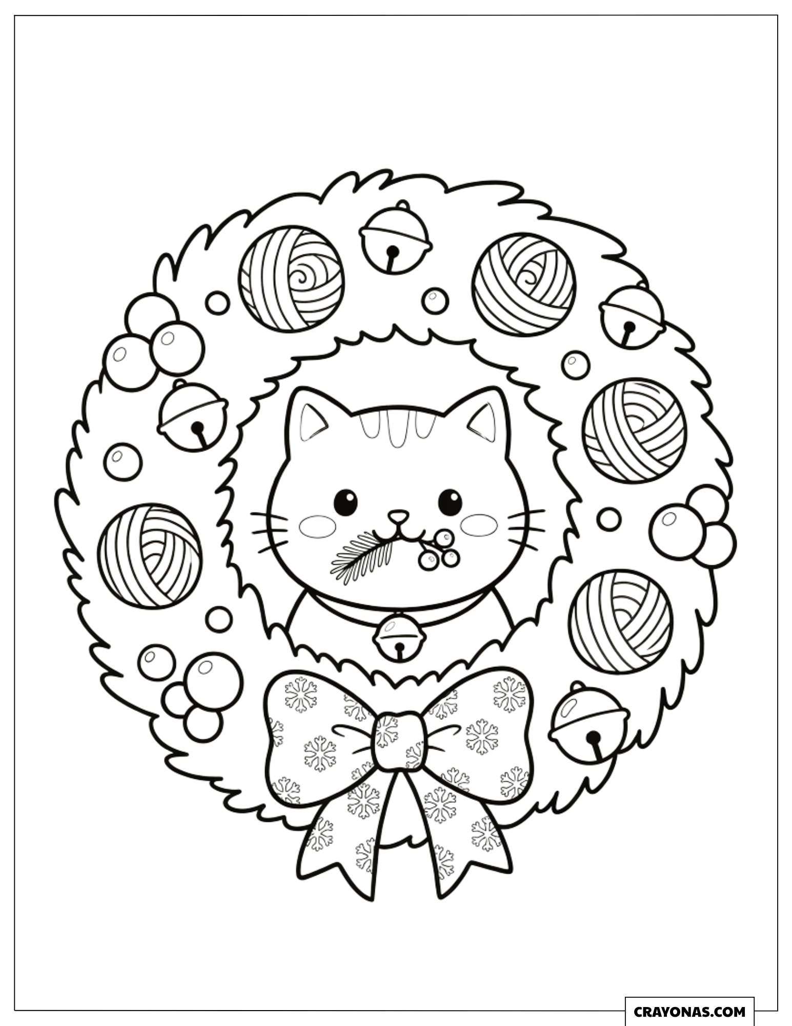 Cute Christmas Wreath Framing a Cat Playing With Yarn Balls Coloring Sheet