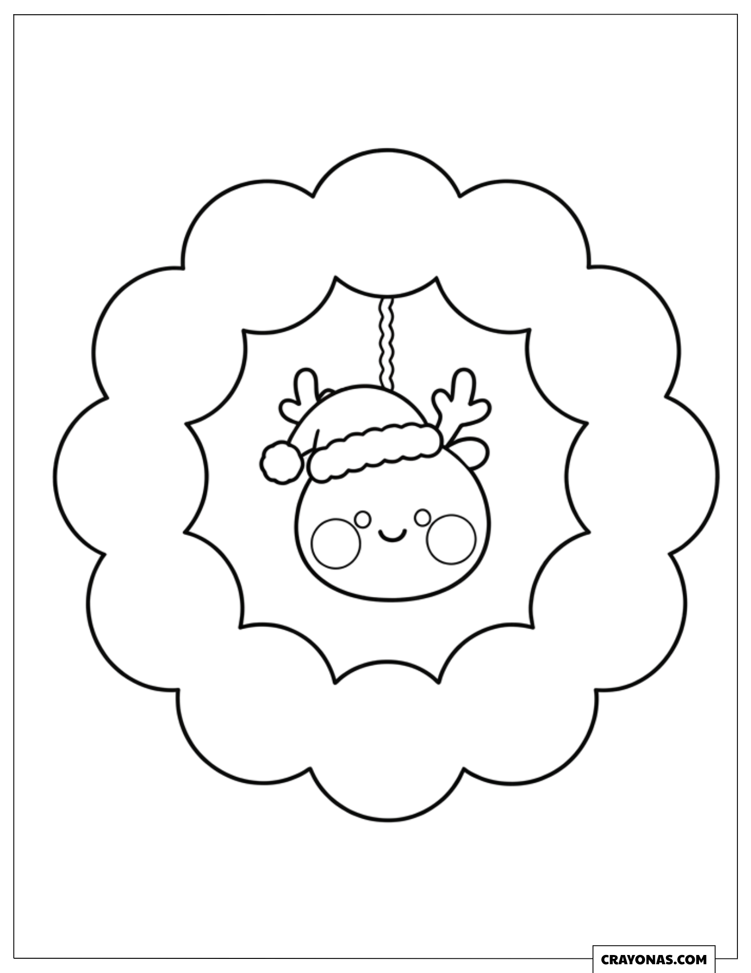 Cute Christmas Wreath Hanging a Smiling Reindeer Ornament Coloring Page for Kids