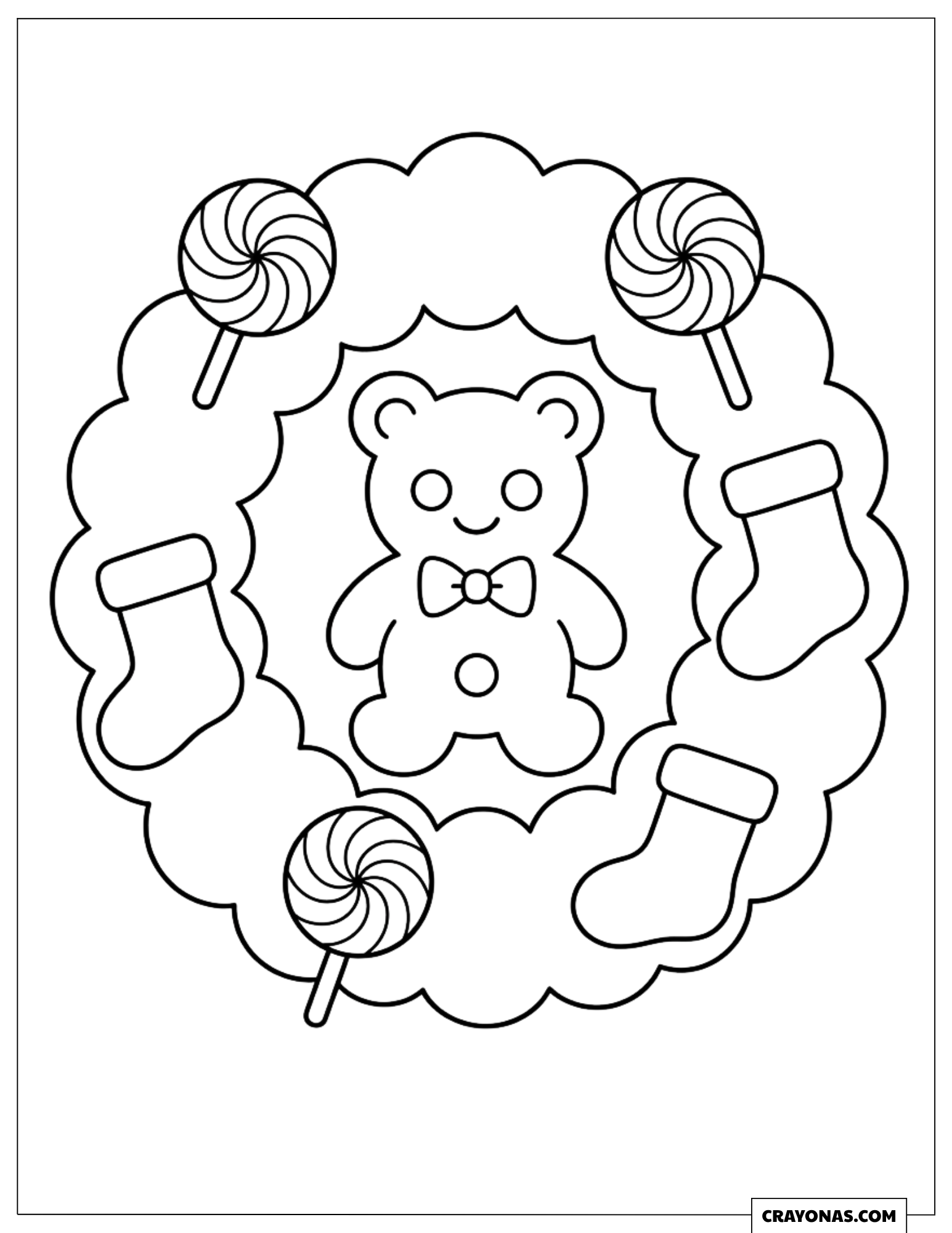 Cute Christmas Wreath Surrounding a Teddy Bear With Candy and Stockings Coloring Sheet for Kids