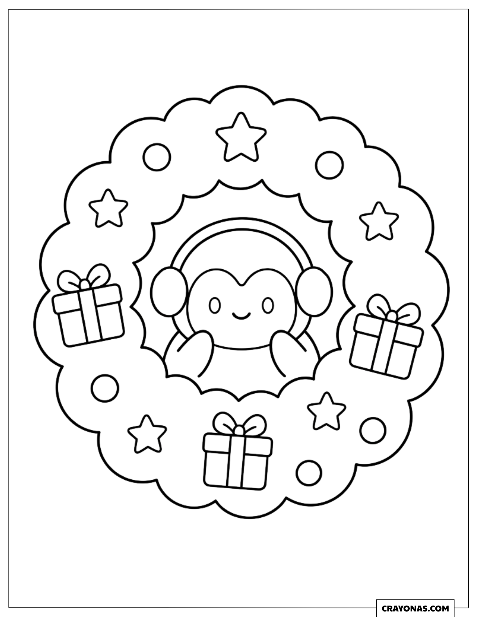 Cute Christmas Wreath With a Penguin Hiding Behind It Coloring Page for Kids