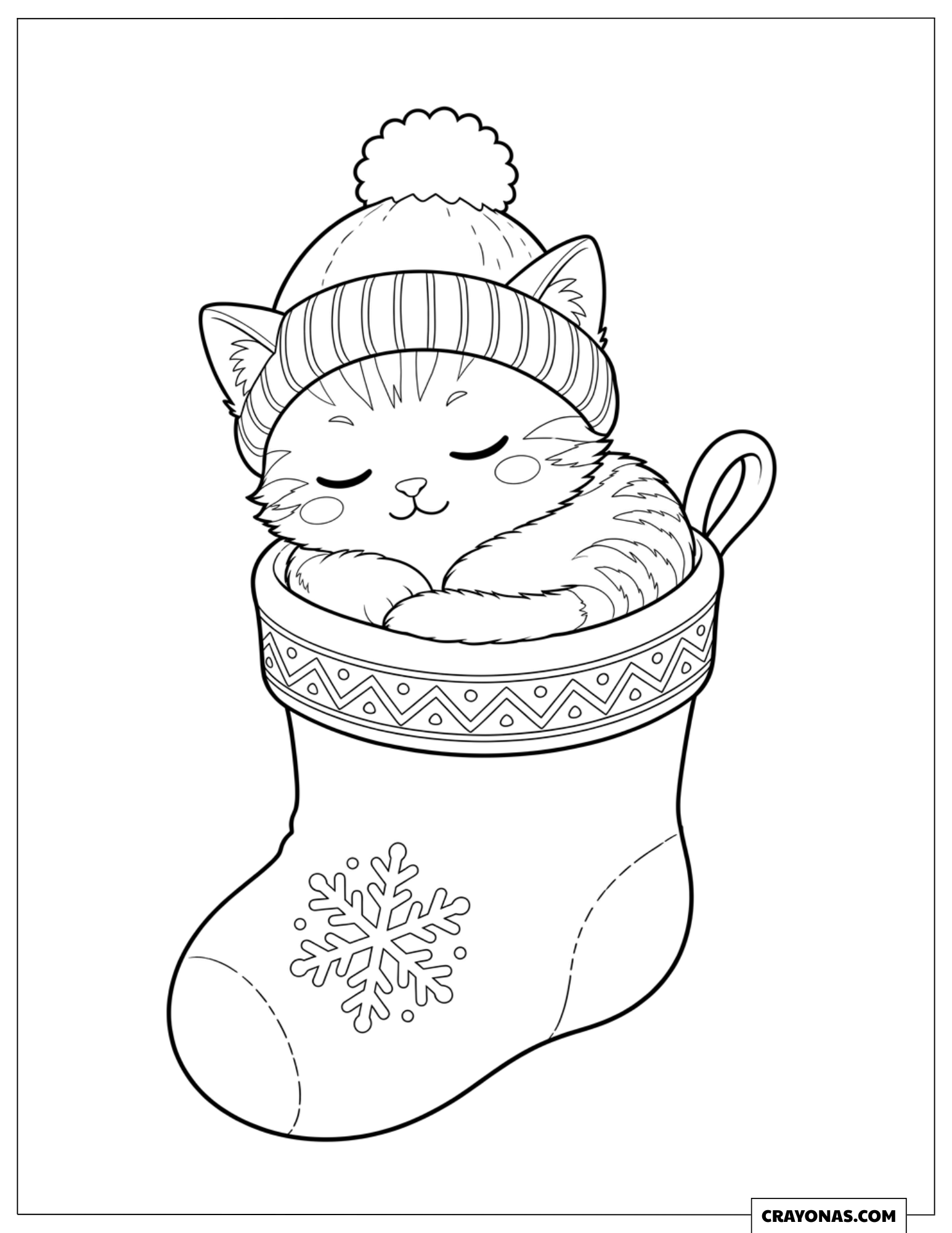 Cute Sleeping Kitten in a Christmas Stocking Coloring Page