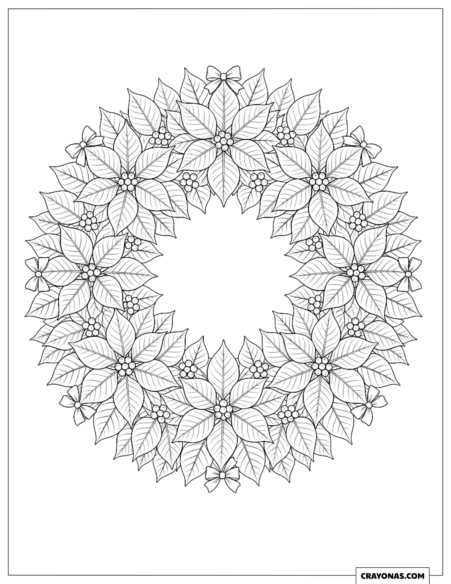 Detailed Christmas Wreath Blooming With Poinsettia Flowers to Color