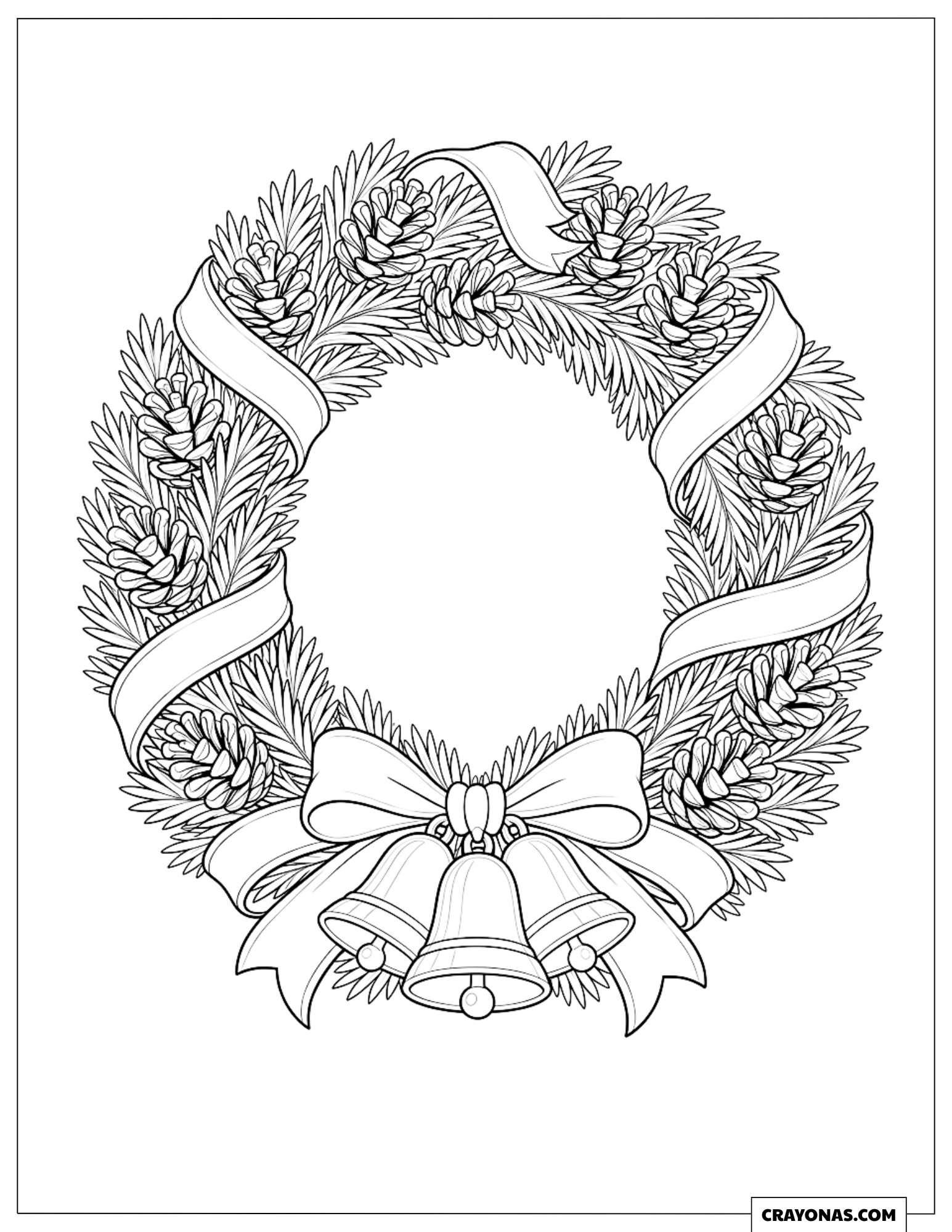 Detailed Christmas Wreath Tied With a Ribbon and Jingle Bells Coloring Page