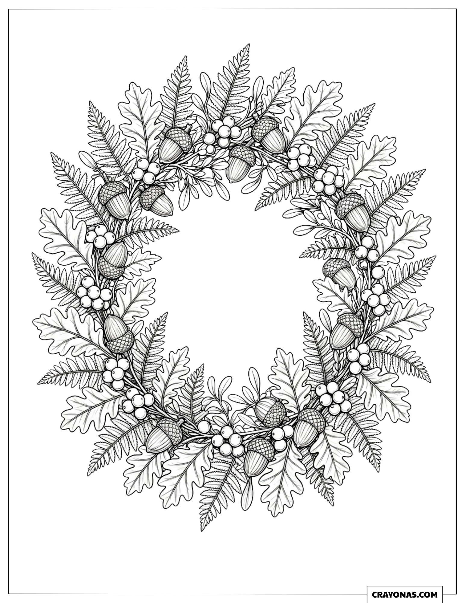 Detailed Christmas Wreath Woven From Acorns and Oak Leaves Coloring Sheet
