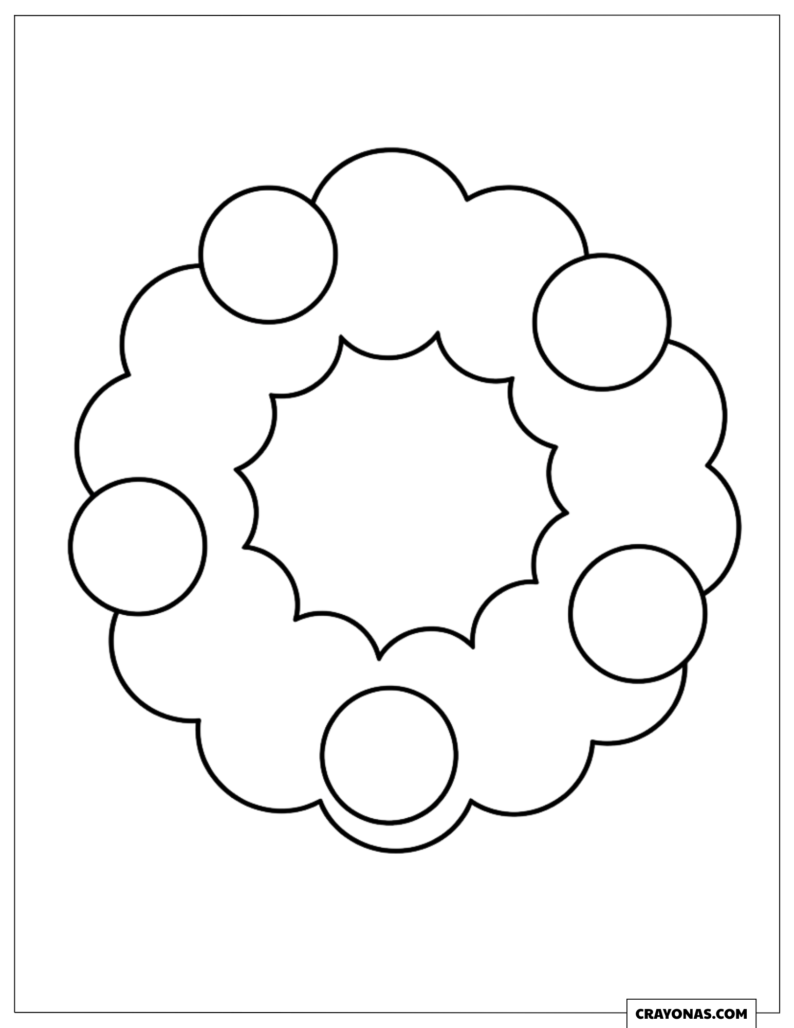 Easy Christmas Wreath Decorated With Round Baubles Coloring Page for Kids