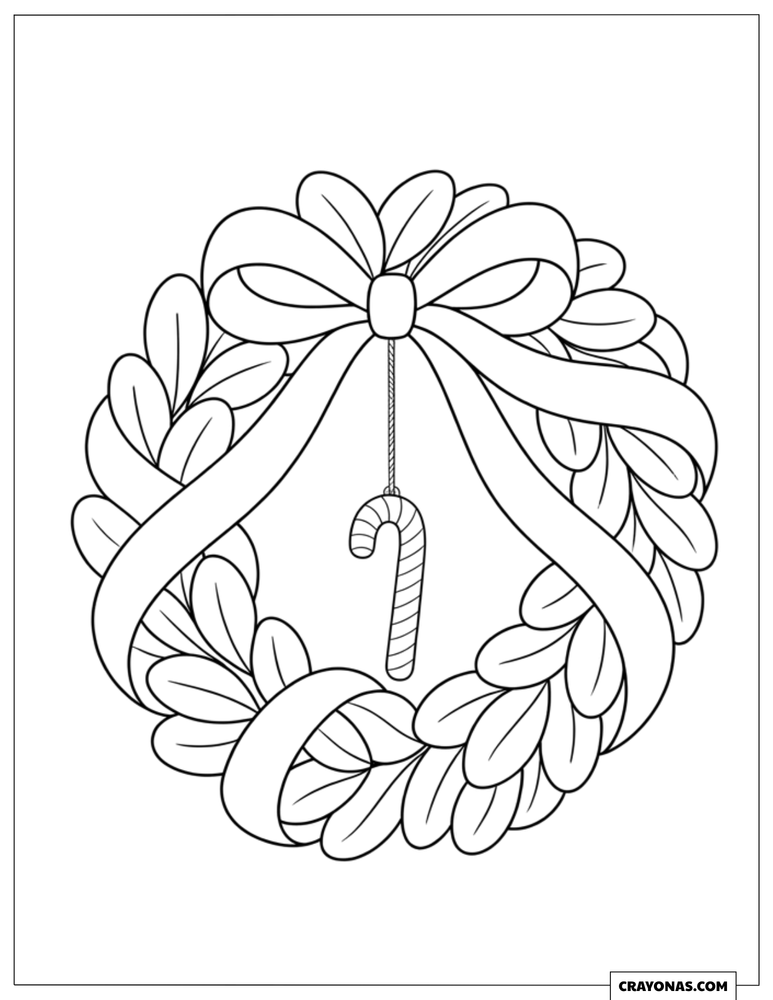 Easy Christmas Wreath Tied With a Ribbon Holding a Candy Cane Coloring Sheet for Kids