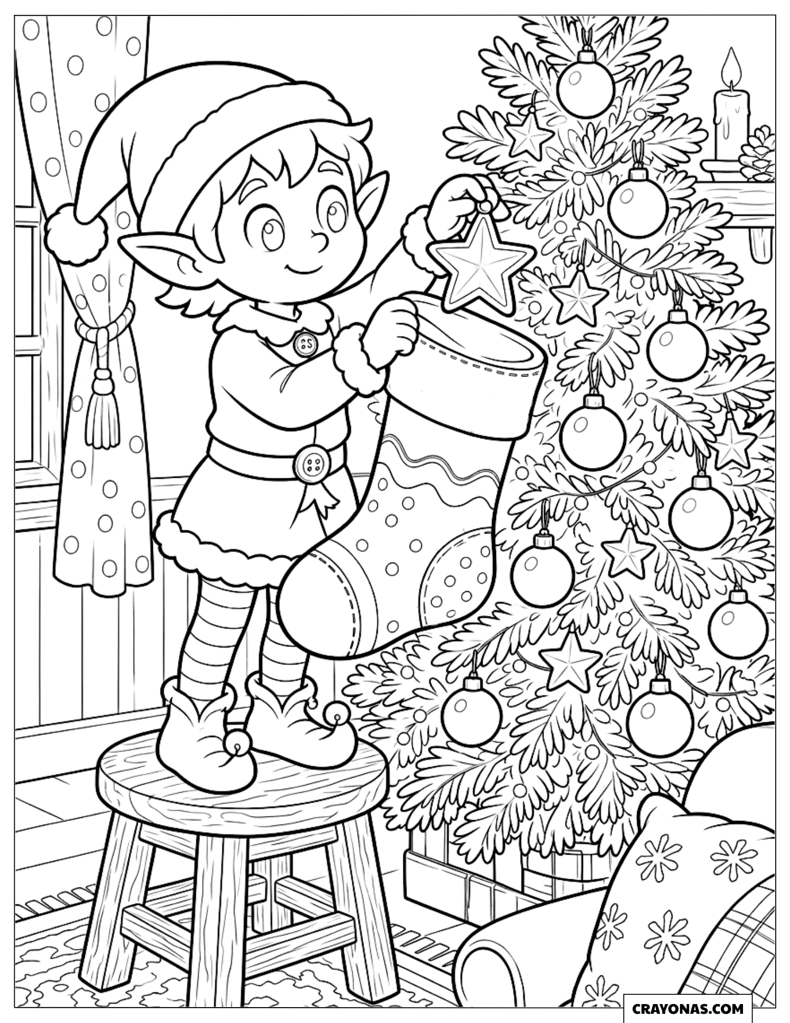 Elf hanging stockings on the Christmas tree coloring page for preschooler