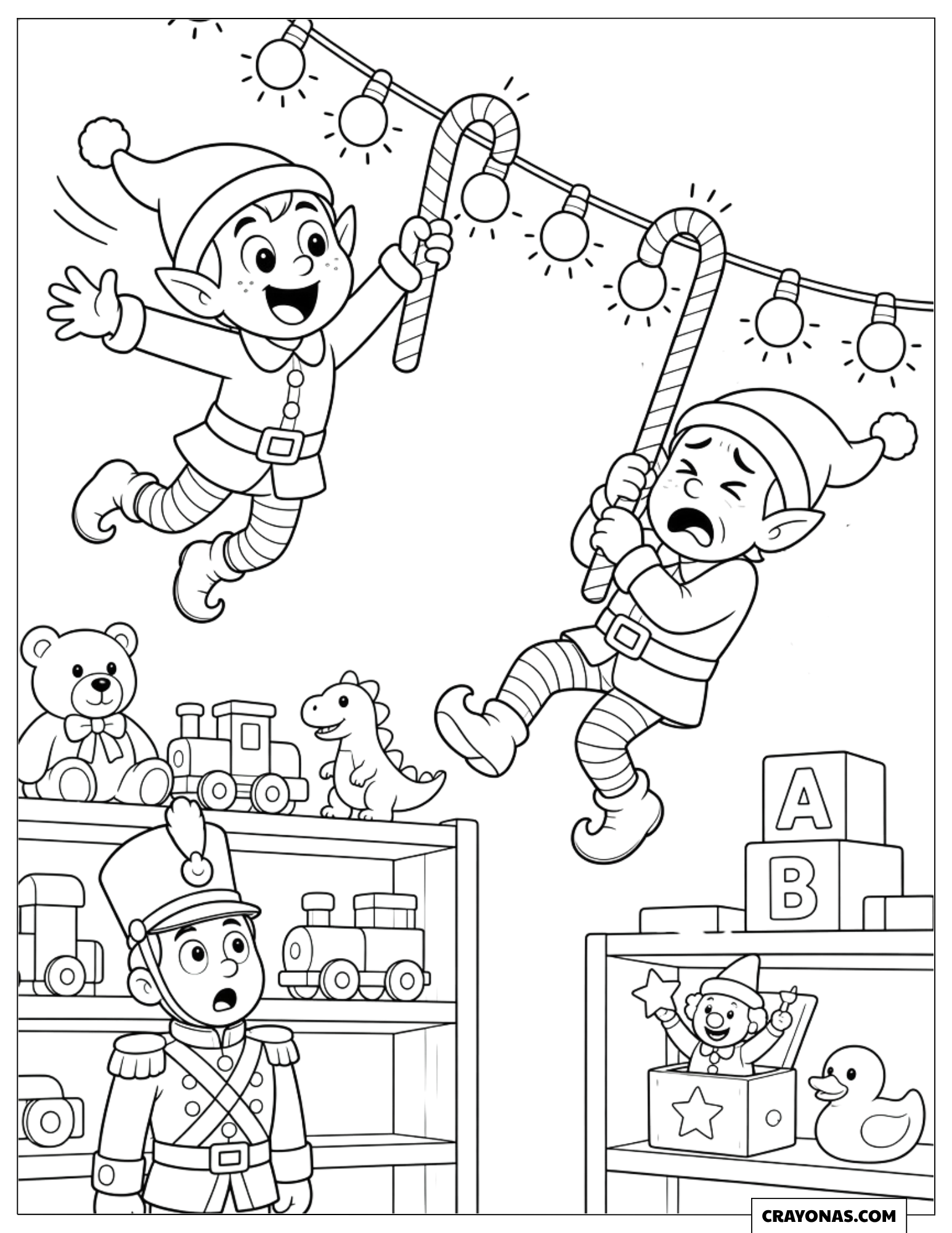 Elves Swinging on Candy Canes Christmas Coloring Sheet for Preschoolers