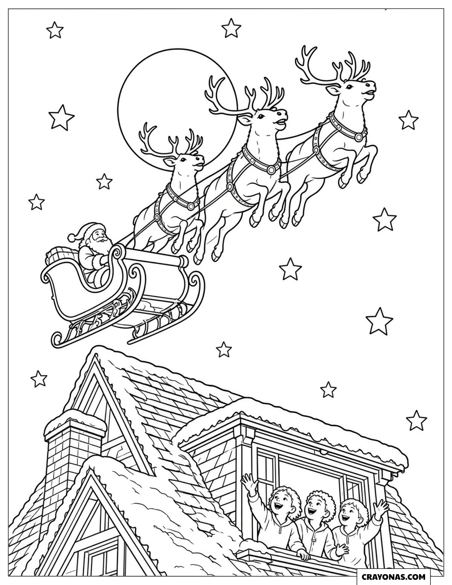 Flying Reindeer Pulling Santa's Sleigh Christmas Coloring Page for Kids