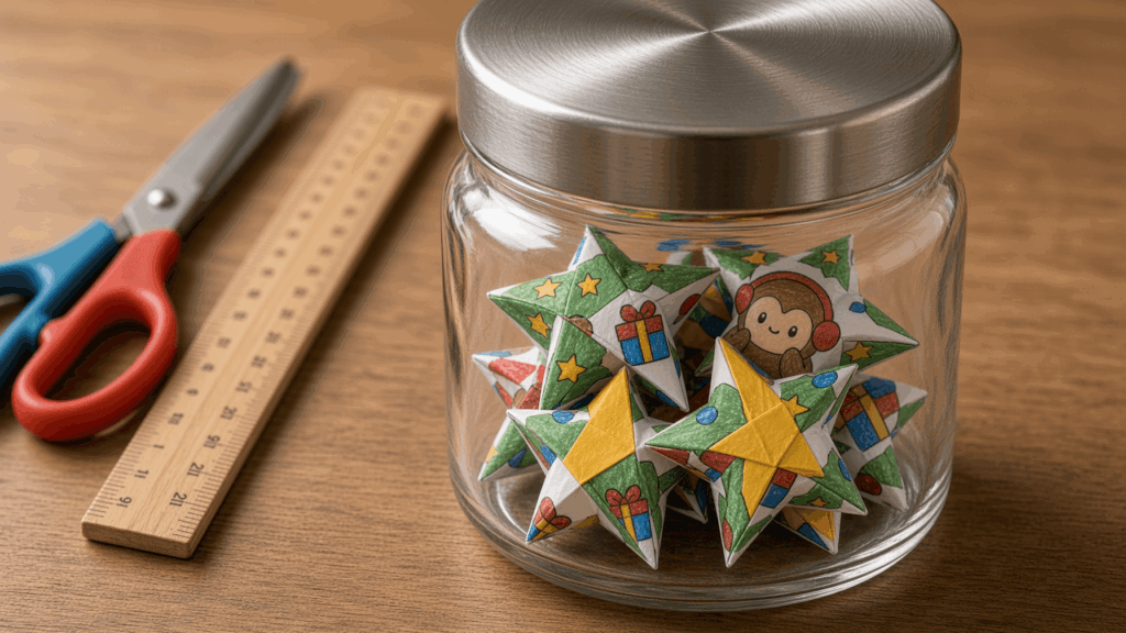 Fold 3D lucky stars from the leftover scraps of your Christmas wreath coloring page.