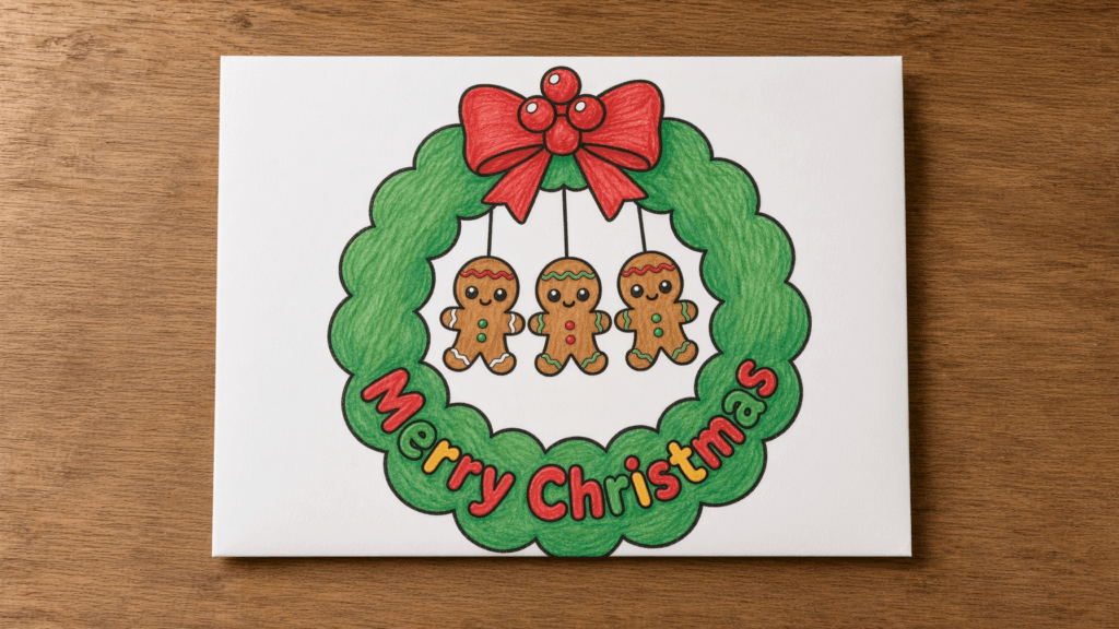 Fold a one-of-a-kind Christmas envelope from the vibrant wreath picture you just finished.