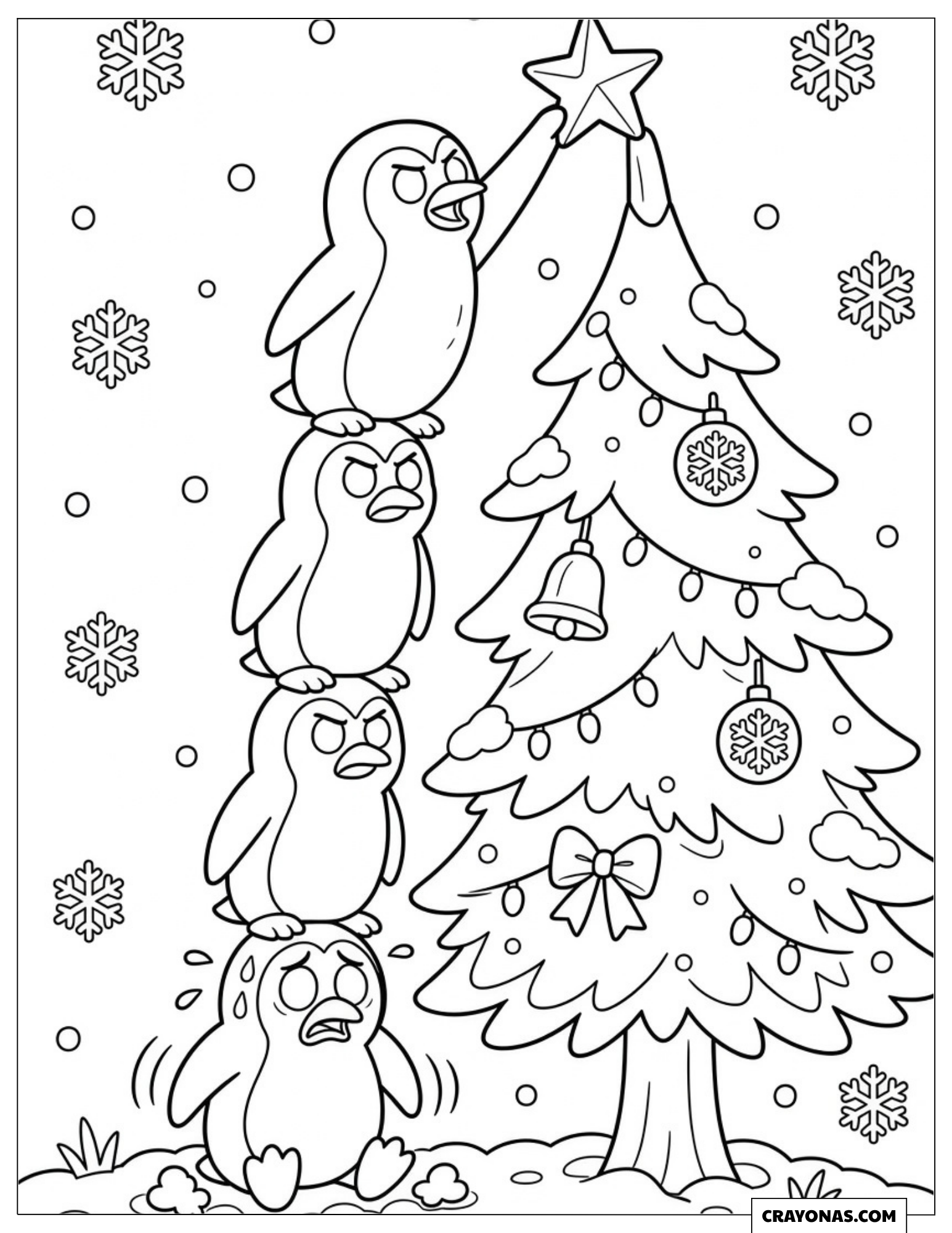Four Penguins Stacking to Decorate a Tree Christmas Coloring Sheet for Preschoolers