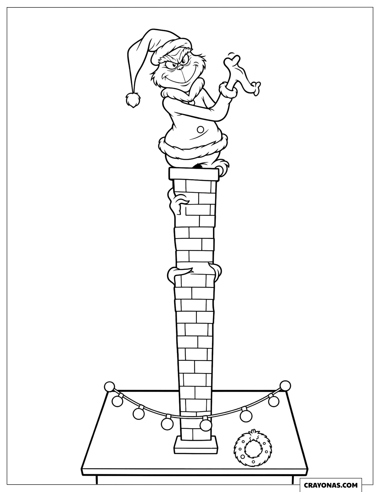 Funny Grinch Stuck in a Chimney Christmas Coloring Page for Kids