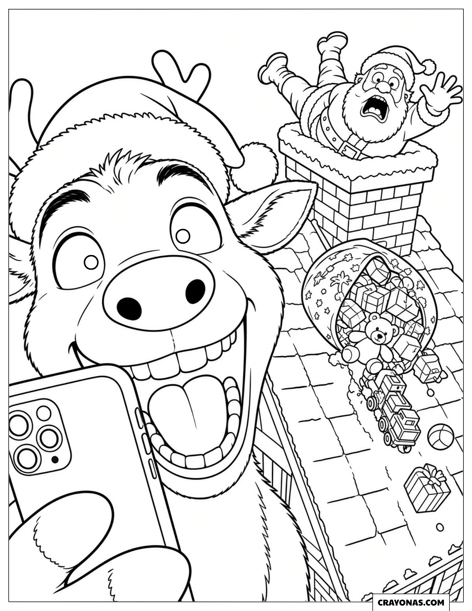 Funny Reindeer Taking a Selfie Christmas Coloring Sheet for Preschoolers