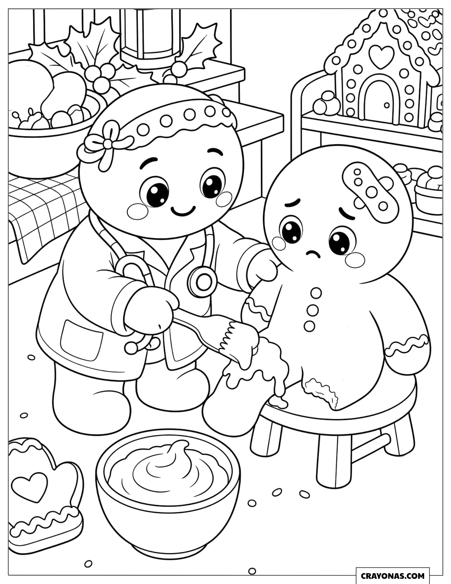 Gingerbread Doctor Fixing a Broken Cookie Christmas Coloring Sheet